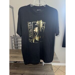 Vintage St. Maarten T-Shirt Single Stitch Gold Foil Palm Trees Hanes 50/50 USA